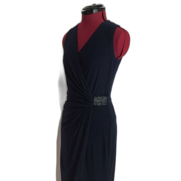 Lauren Ralph Lauren Jersey Gown Size 4 Navy Blue Rhinestone Embellishment V-Neck - Picture 5 of 16